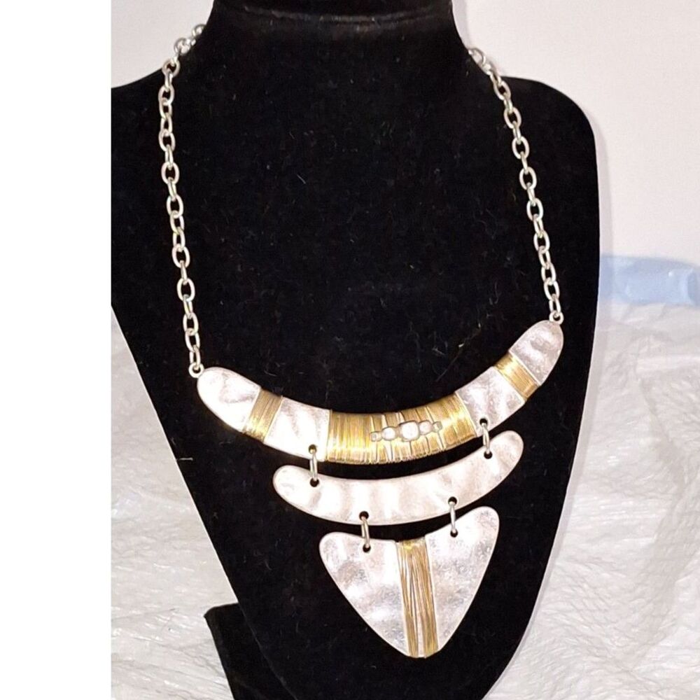 A Women's Chest Plate Bib Necklace Layered Metal Tiers Tribal Silver Tone